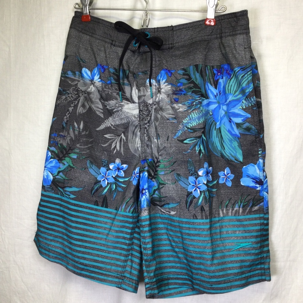 Speedo TurboDri NWT Mens Swim Trunks Black Blue Hawaiian Floral Design, Sz M